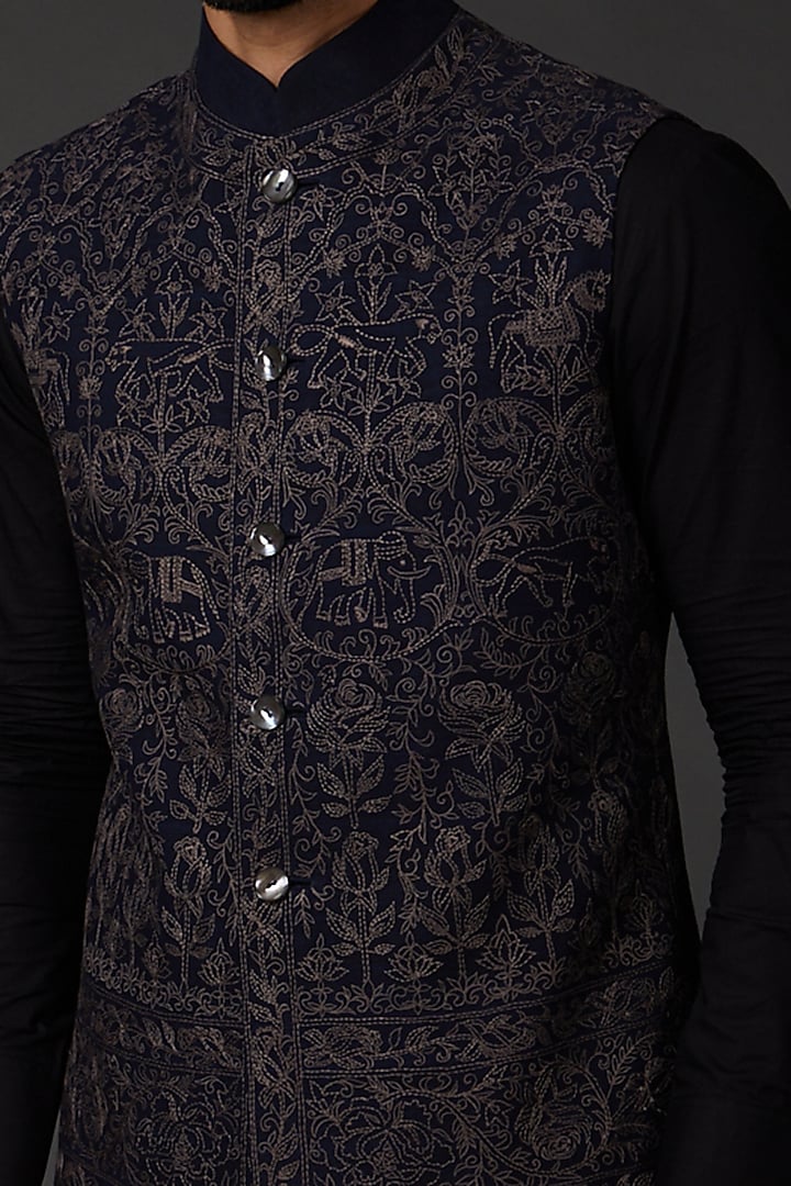 Indigo Blue Matka Machine Embroidered Bundi Jacket by Rohit Bal Men at Pernia's Pop Up Shop