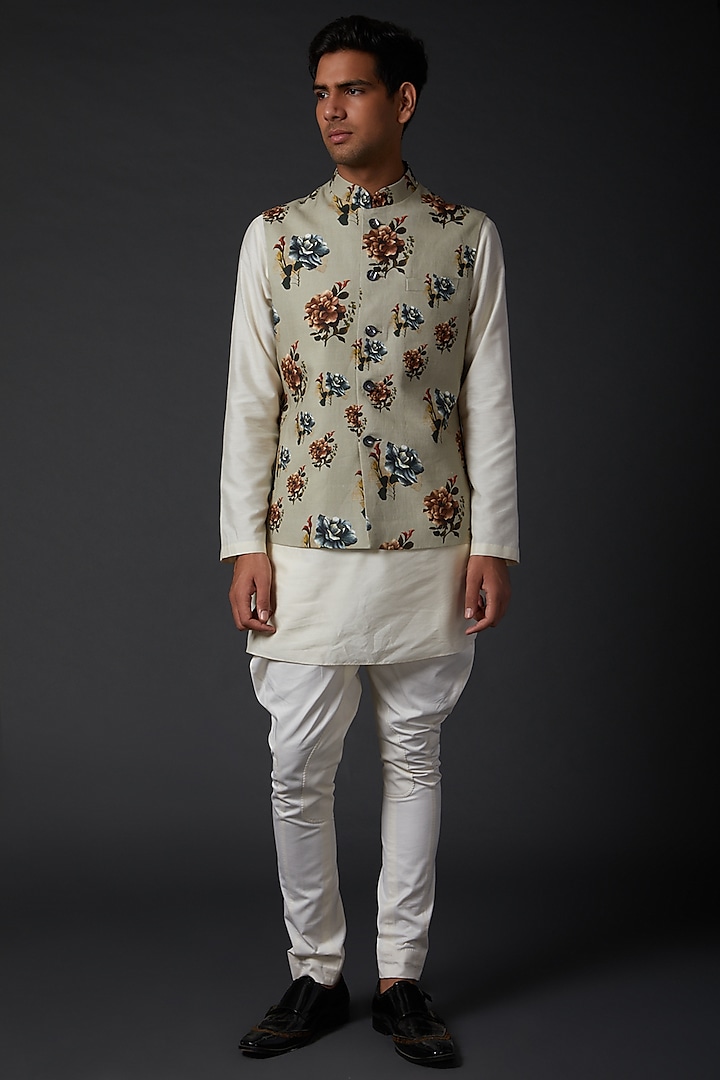 Beige Bundi Jacket With Digital Print by Rohit Bal Men
