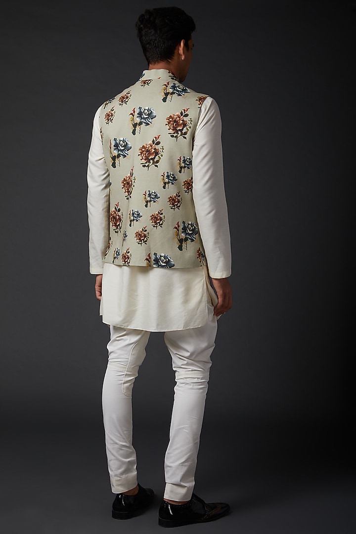 Beige Linen Digital Printed Bundi Jacket by Rohit Bal Men at Pernia's Pop Up Shop