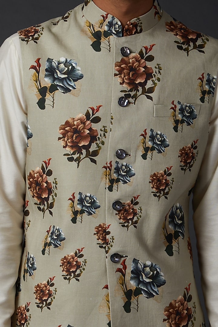 Beige Linen Digital Printed Bundi Jacket by Rohit Bal Men at Pernia's Pop Up Shop