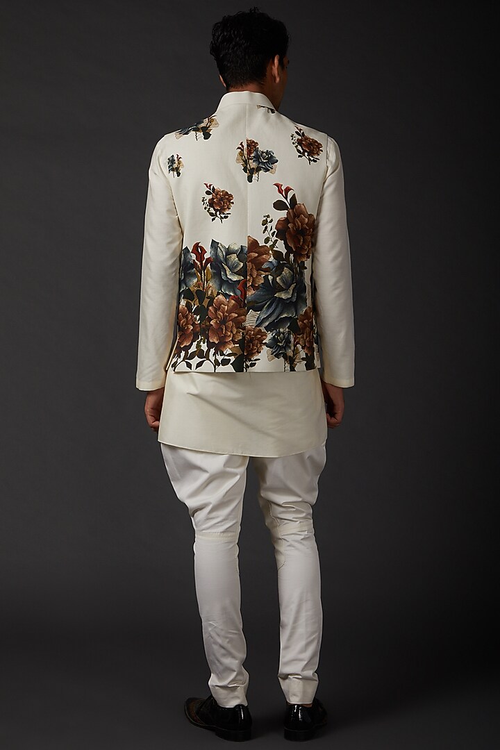 Ivory Matka Printed Bundi Jacket by Rohit Bal Men at Pernia's Pop Up Shop