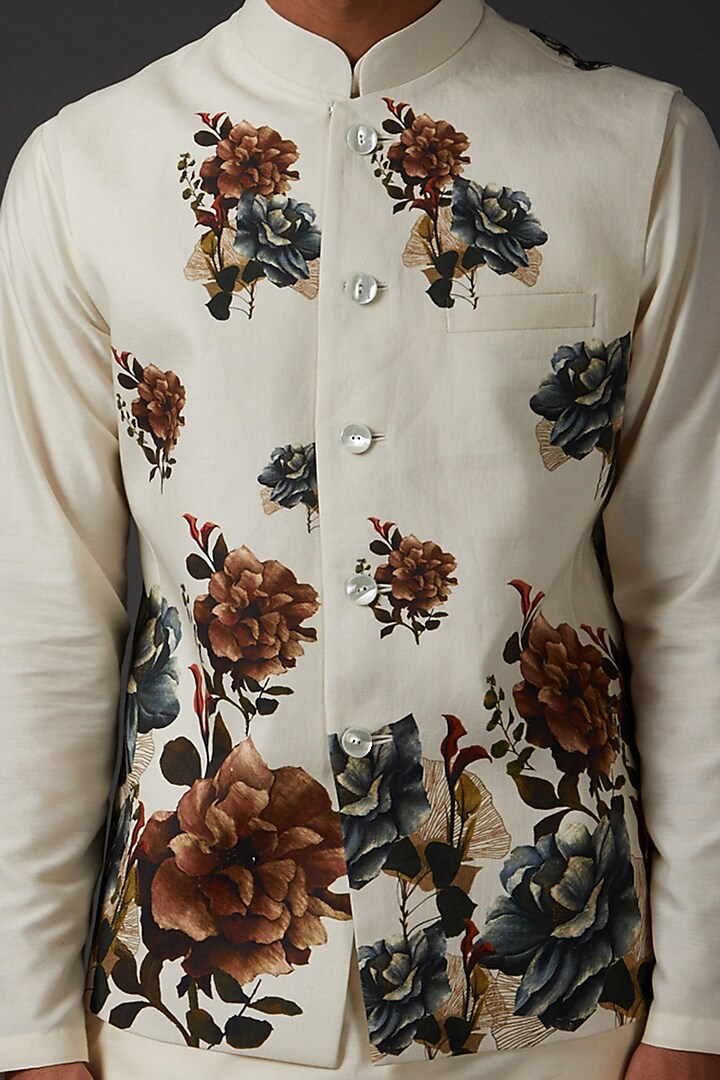 Ivory Matka Printed Bundi Jacket by Rohit Bal Men at Pernia's Pop Up Shop