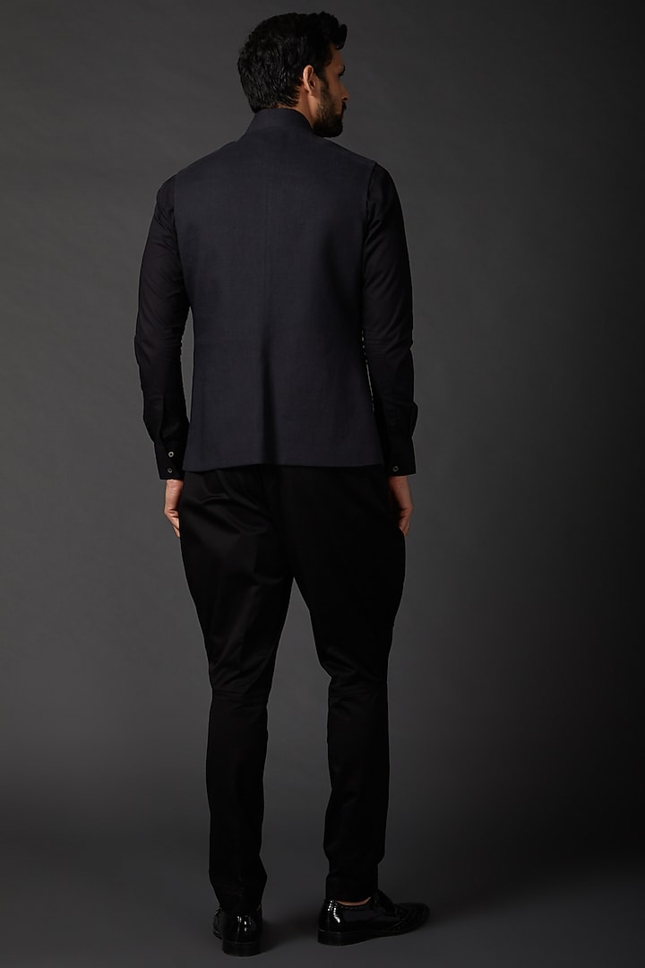 Indigo Blue Linen Wedding Bandhgala Jacket by Rohit Bal Men at Pernia's Pop Up Shop