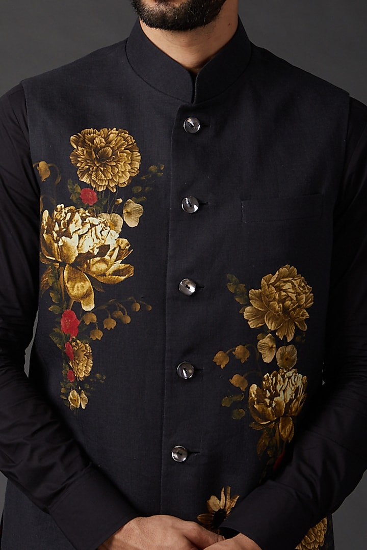 Indigo Blue Linen Wedding Bandhgala Jacket by Rohit Bal Men at Pernia's Pop Up Shop