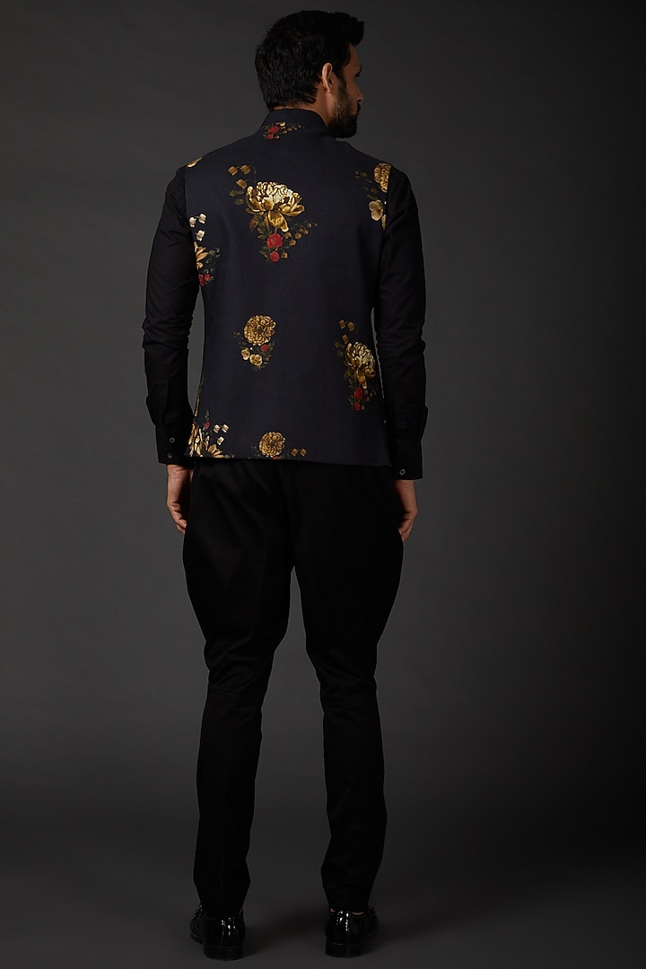 Indigo Blue Linen Digital Printed Wedding Bandhgala Jacket by Rohit Bal Men at Pernia's Pop Up Shop