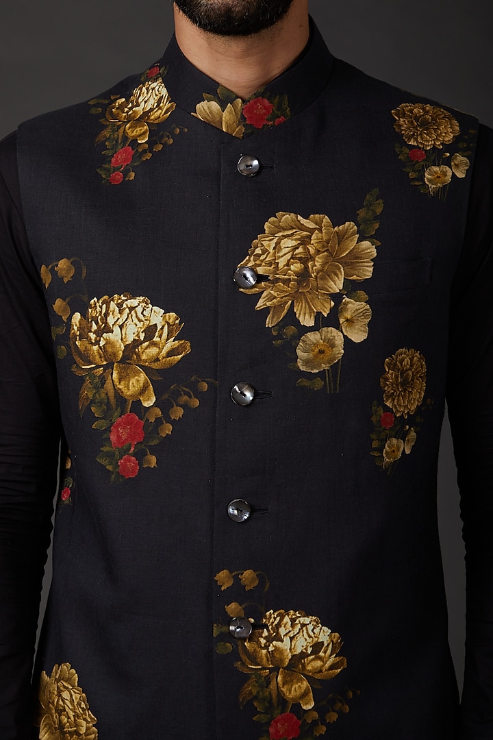 Indigo Blue Linen Digital Printed Wedding Bandhgala Jacket by Rohit Bal Men at Pernia's Pop Up Shop