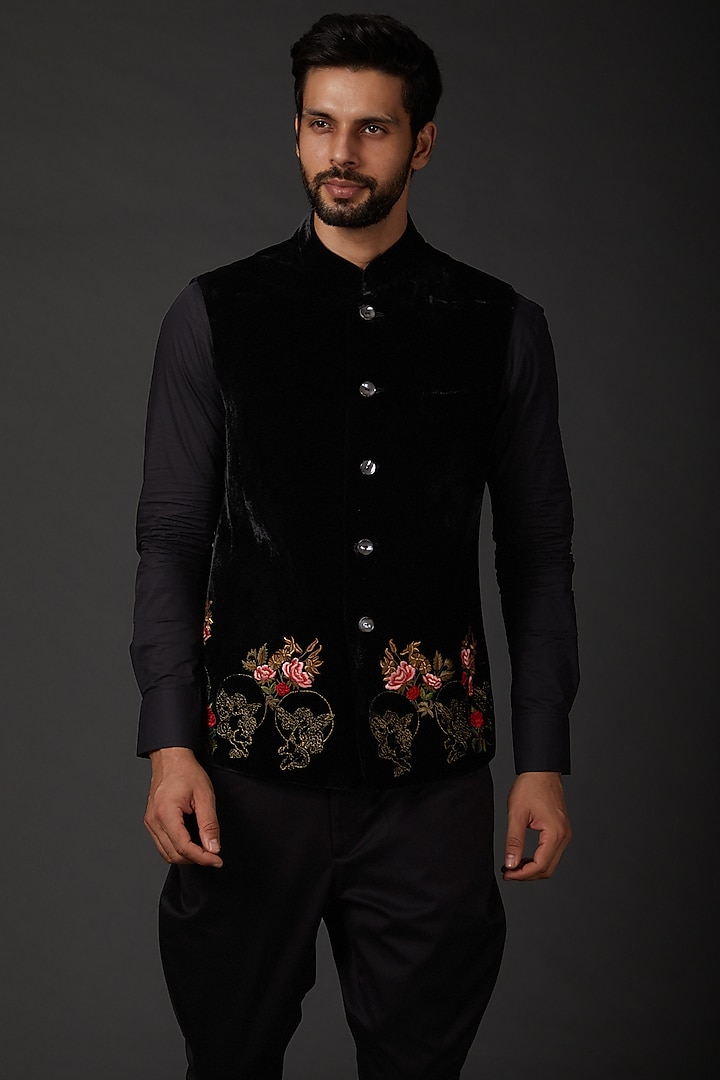 Black Matka Silk Bundi Jacket by Rohit Bal Men