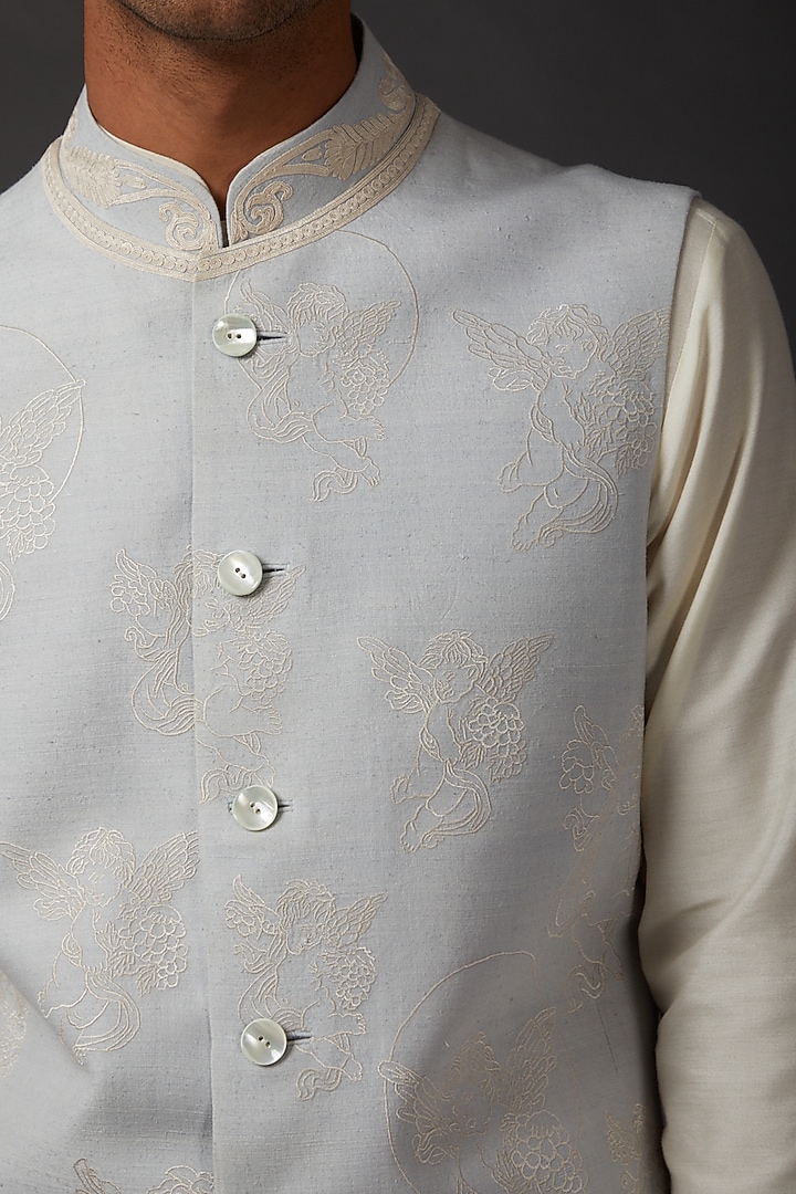 Powder Blue Matka Silk Machine Embroidered Bundi Jacket by Rohit Bal Men at Pernia's Pop Up Shop