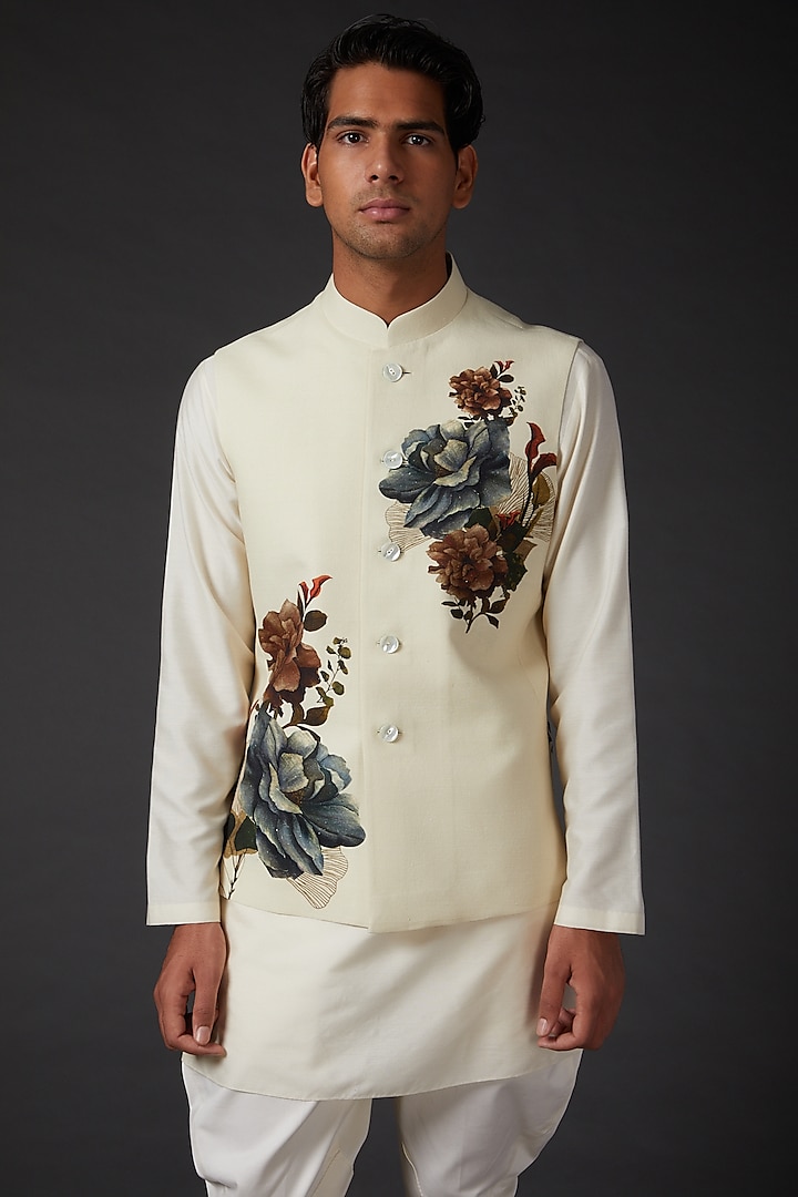 Ivory Printed Bundi Jacket by Rohit Bal Men