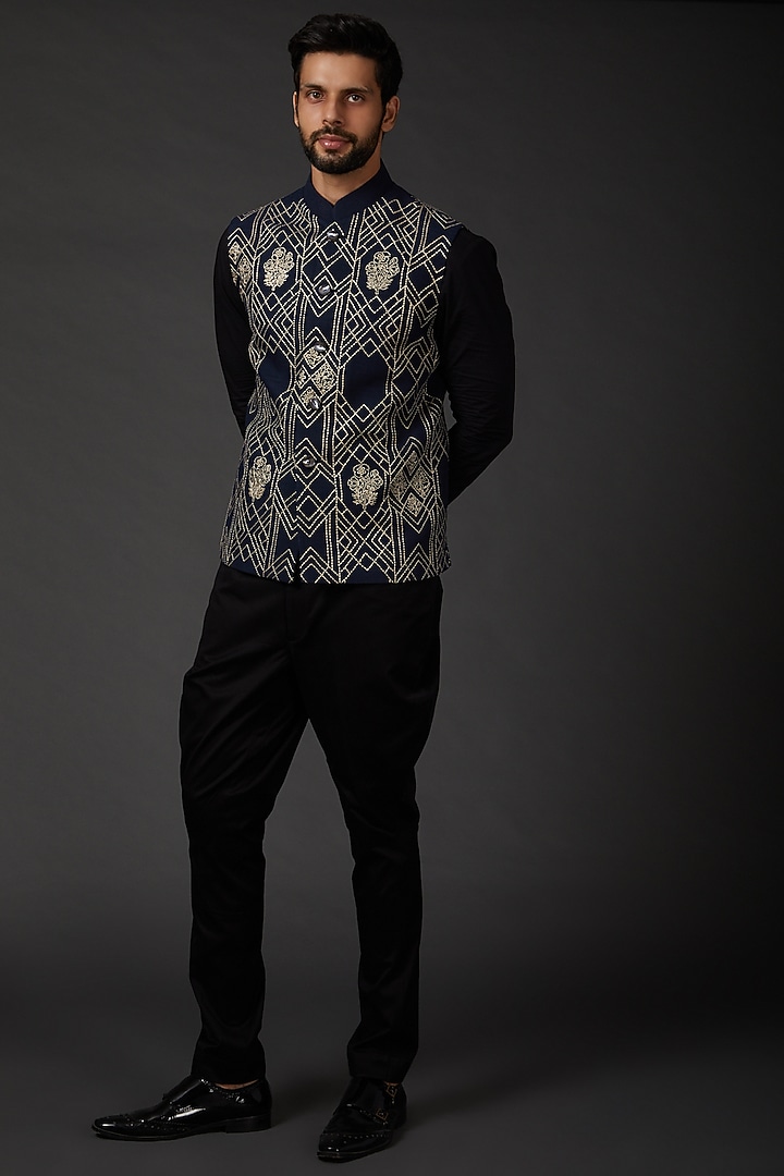 Indigo Blue Matka Silk Embroidered Bundi Jacket by Rohit Bal Men at Pernia's Pop Up Shop