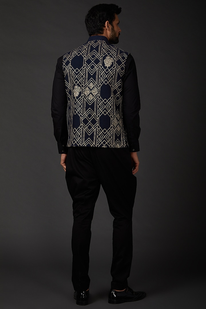 Indigo Blue Matka Silk Embroidered Bundi Jacket by Rohit Bal Men at Pernia's Pop Up Shop