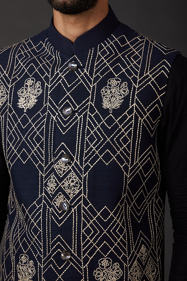Indigo Blue Matka Silk Embroidered Bundi Jacket by Rohit Bal Men at Pernia's Pop Up Shop