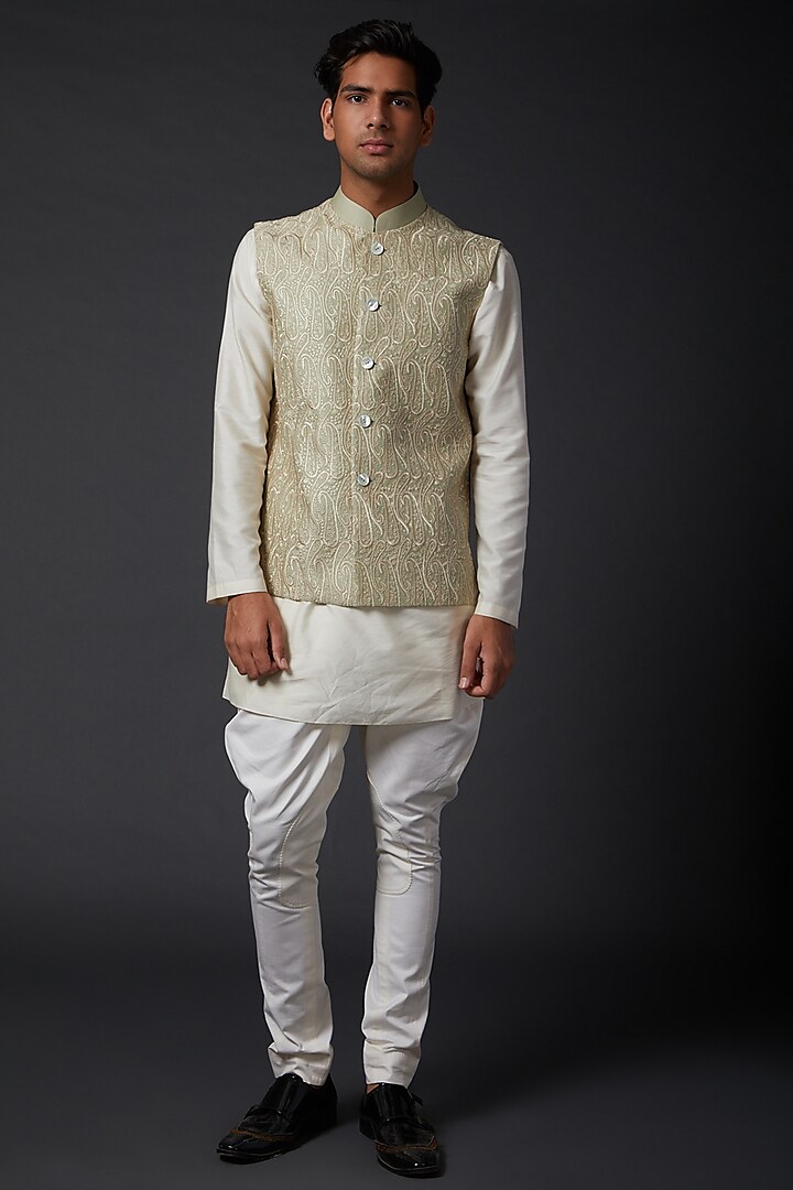 Beige Machine Embroidered Bundi Jacket by Rohit Bal Men at Pernia's Pop Up Shop