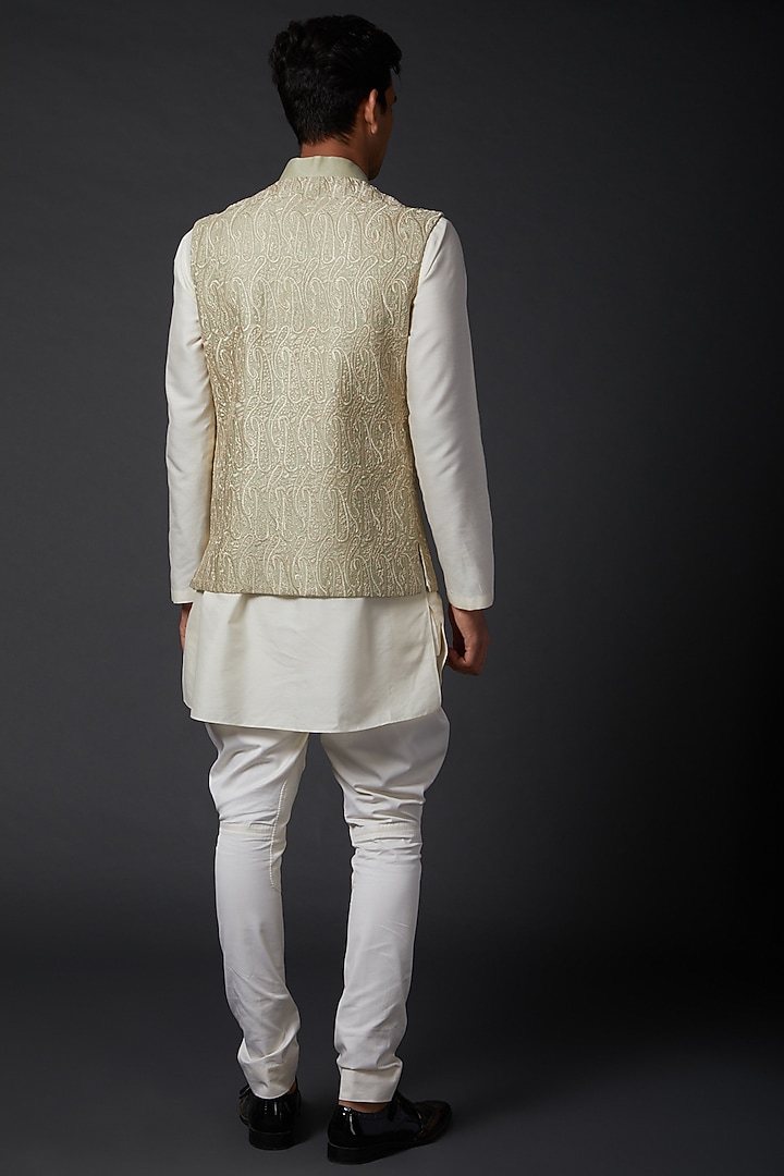 Beige Chanderi Machine Embroidered Bundi Jacket by Rohit Bal Men at Pernia's Pop Up Shop