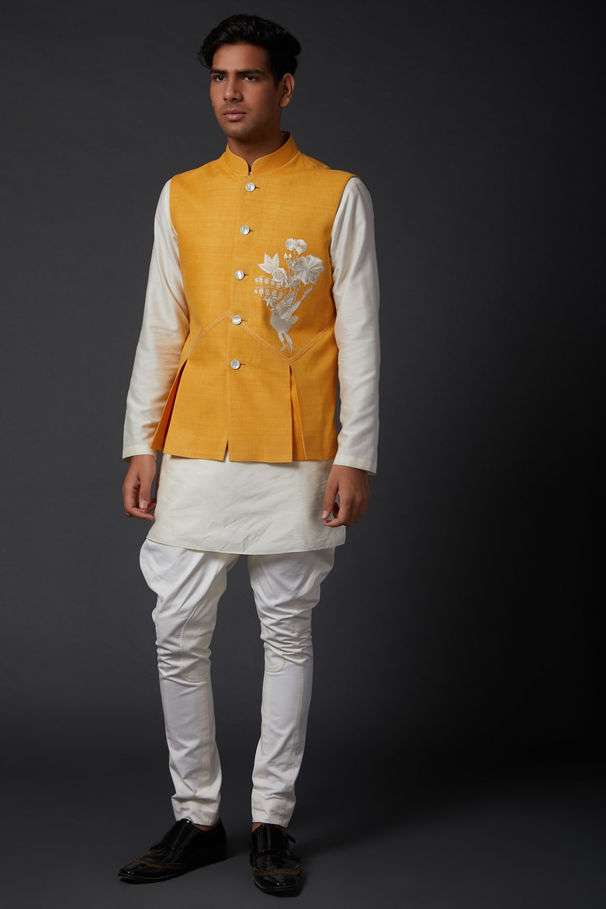 Yellow Embroidered Bundi Jacket by Rohit Bal Men