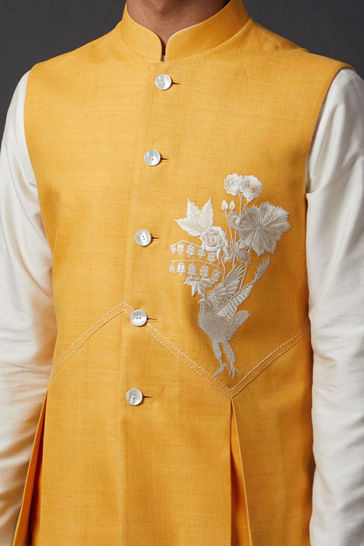 Yellow Embroidered Bundi Jacket by Rohit Bal Men