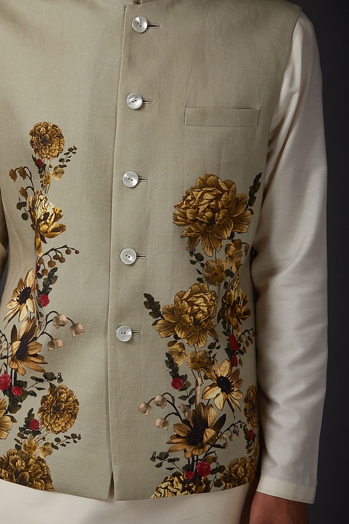 Ivory Linen Printed Bundi Jacket by Rohit Bal Men at Pernia's Pop Up Shop