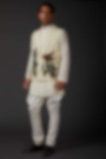 Ivory Digital Printed Bundi Jacket by Rohit Bal Men