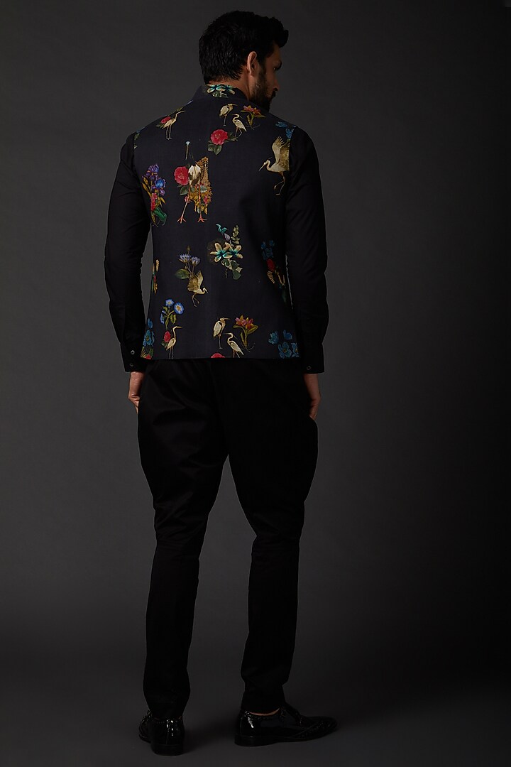 Indigo Blue Linen Digital Printed Bundi Jacket by Rohit Bal Men at Pernia's Pop Up Shop