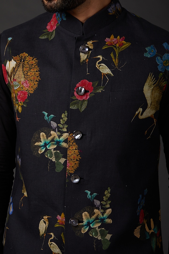 Indigo Blue Linen Digital Printed Bundi Jacket by Rohit Bal Men at Pernia's Pop Up Shop