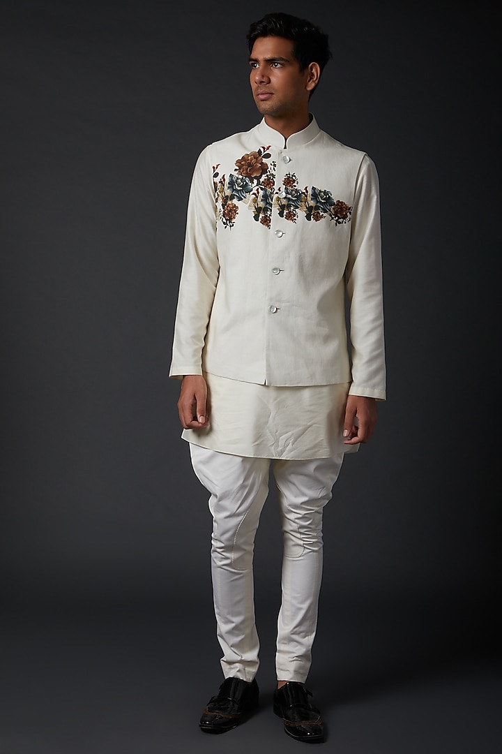 Ivory Digital Printed Bundi Matka Jacket by Rohit Bal Men