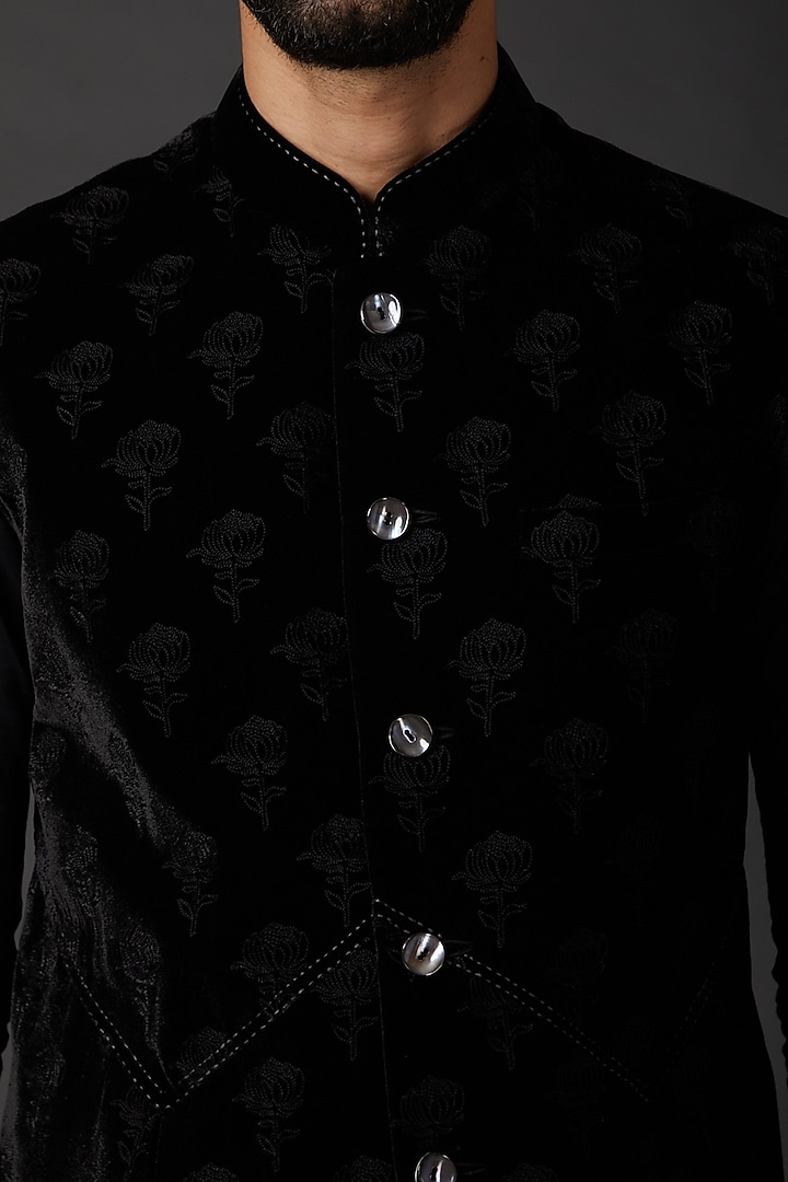 Black Silk Velvet Embroidered Bundi Jacket by Rohit Bal Men at Pernia's Pop Up Shop