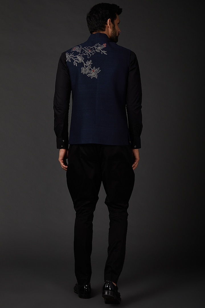 Indigo Blue Matka Machine Embroidered Bundi Jacket by Rohit Bal Men at Pernia's Pop Up Shop