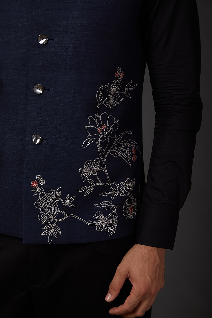 Indigo Blue Matka Machine Embroidered Bundi Jacket by Rohit Bal Men at Pernia's Pop Up Shop