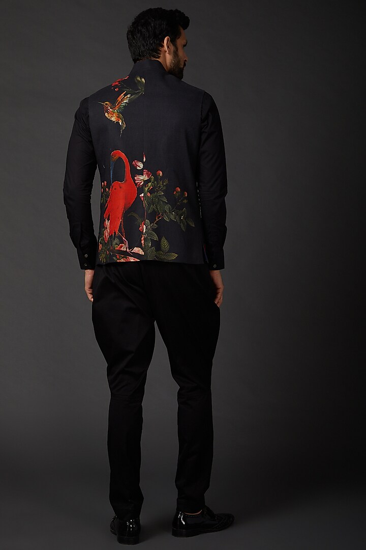Black Linen Printed Bundi Jacket by Rohit Bal Men at Pernia's Pop Up Shop