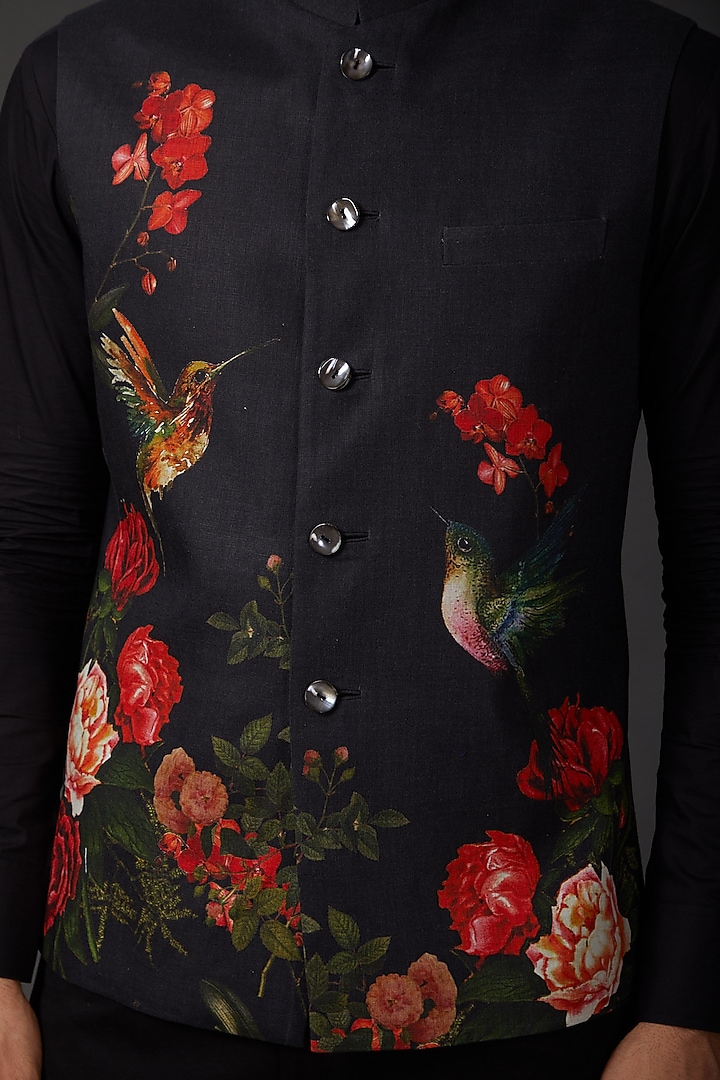Black Linen Printed Bundi Jacket by Rohit Bal Men at Pernia's Pop Up Shop