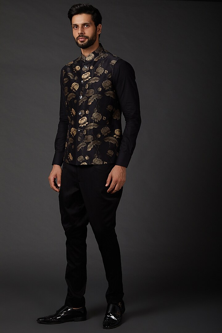 Black Chanderi Printed Bundi Jacket by Rohit Bal Men