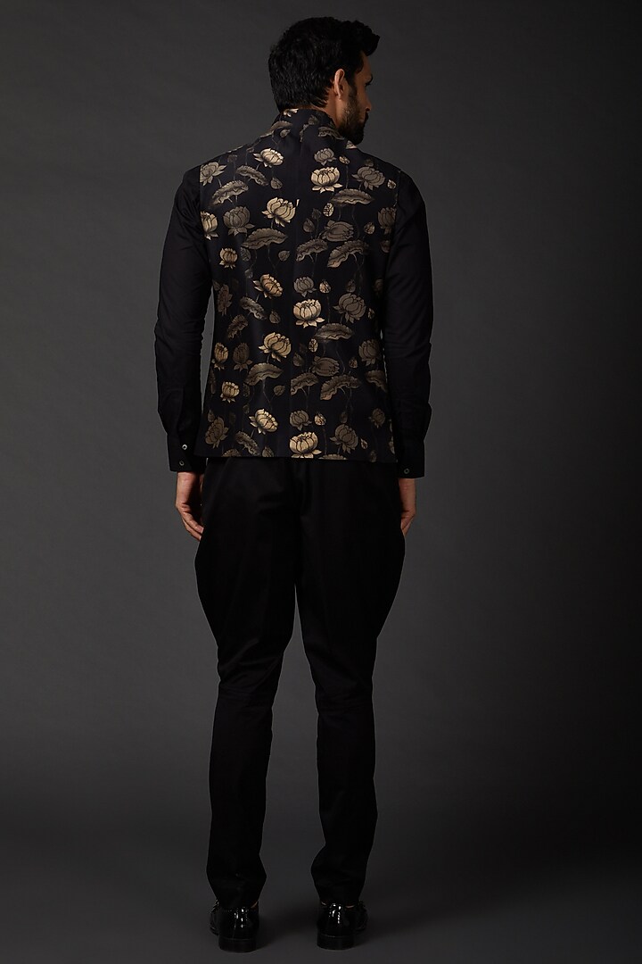 Black Chanderi Digital Printed Bundi Jacket by Rohit Bal Men at Pernia's Pop Up Shop