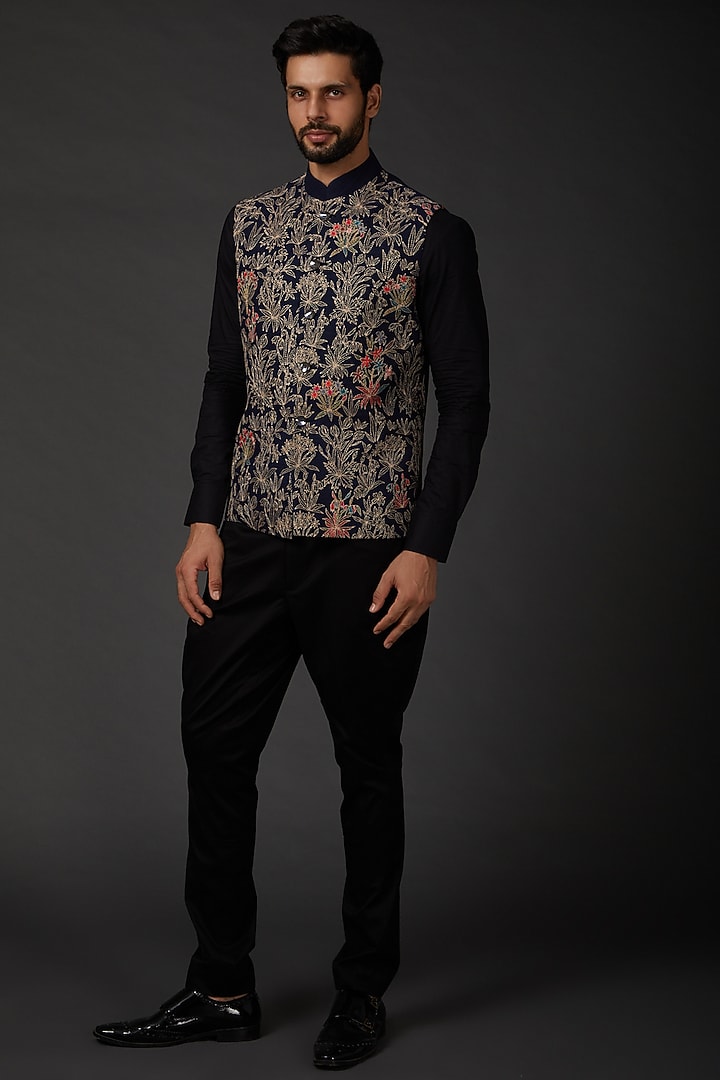 Indigo Blue Matka Silk Embroidered Bundi Jacket by Rohit Bal Men at Pernia's Pop Up Shop