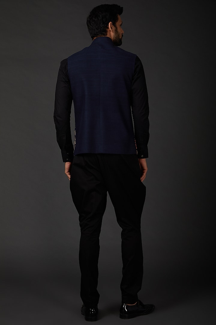 Indigo Blue Matka Silk Embroidered Bundi Jacket by Rohit Bal Men at Pernia's Pop Up Shop