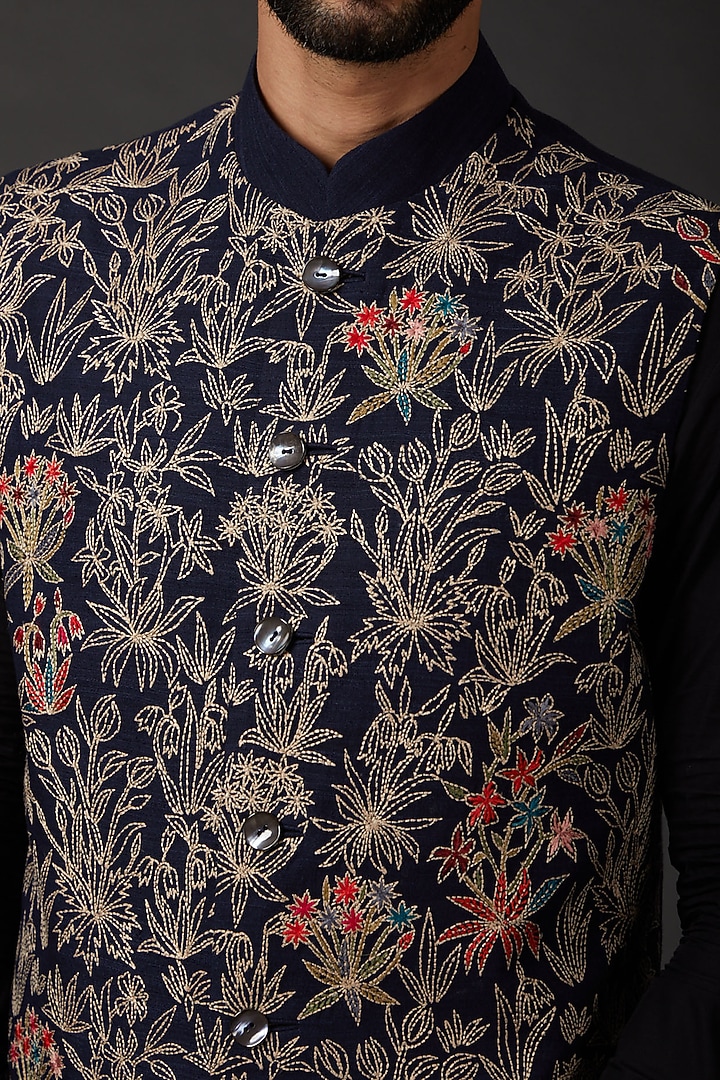 Indigo Blue Matka Silk Embroidered Bundi Jacket by Rohit Bal Men at Pernia's Pop Up Shop