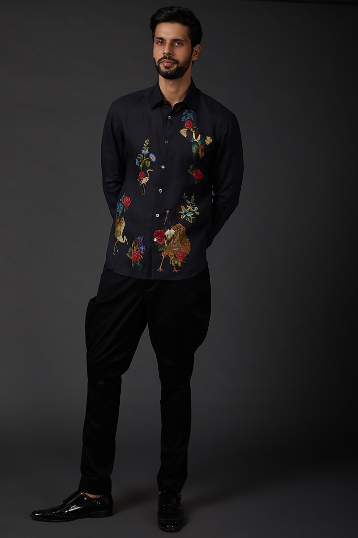 Indigo Blue Linen Digital Printed Party Wear Shirt by Rohit Bal Men at Pernia's Pop Up Shop