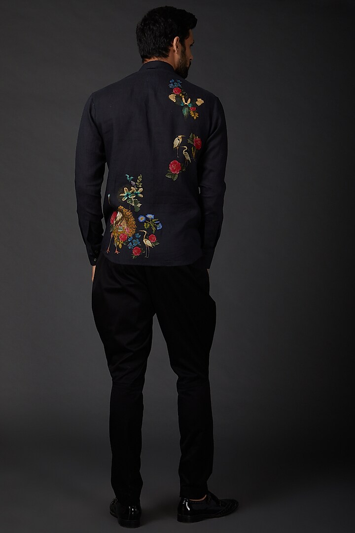Indigo Blue Linen Digital Printed Party Wear Shirt by Rohit Bal Men at Pernia's Pop Up Shop