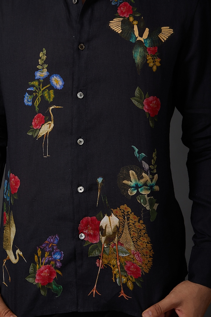Indigo Blue Linen Digital Printed Party Wear Shirt by Rohit Bal Men at Pernia's Pop Up Shop