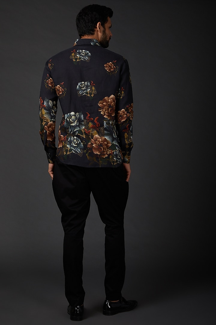 Indigo Blue Linen Digital Printed Party Wear Shirt by Rohit Bal Men at Pernia's Pop Up Shop