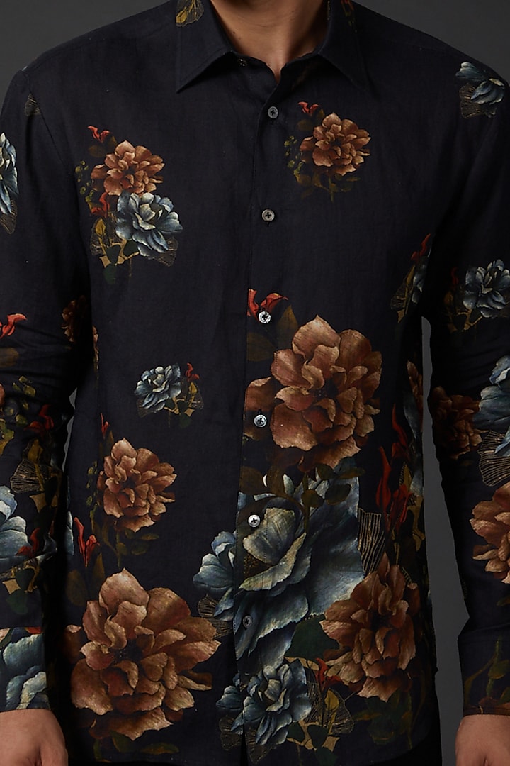 Indigo Blue Linen Digital Printed Party Wear Shirt by Rohit Bal Men at Pernia's Pop Up Shop