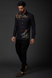 Indigo Blue Printed Linen Shirt by Rohit Bal Men-POPULAR PRODUCTS AT STORE