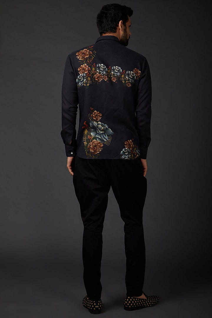 Indigo Blue Linen Digital Printed Party Wear Shirt by Rohit Bal Men at Pernia's Pop Up Shop