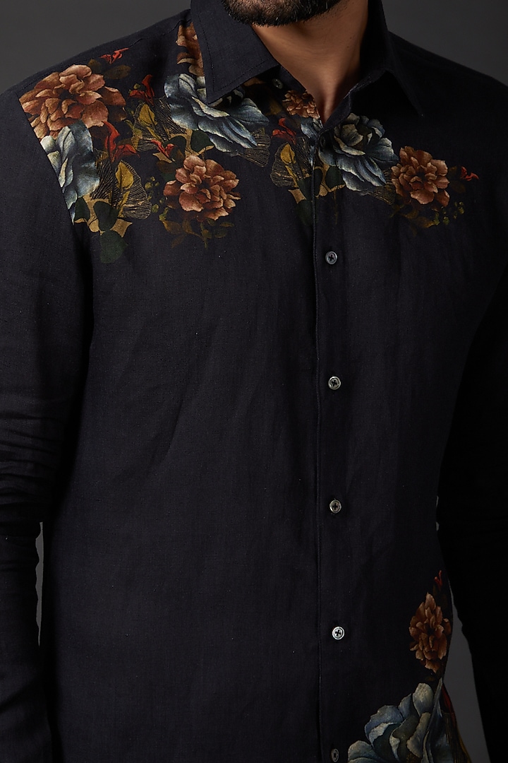 Indigo Blue Linen Digital Printed Party Wear Shirt by Rohit Bal Men at Pernia's Pop Up Shop