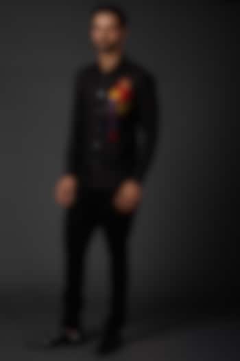 Black Embroidered Linen Shirt by Rohit Bal Men
