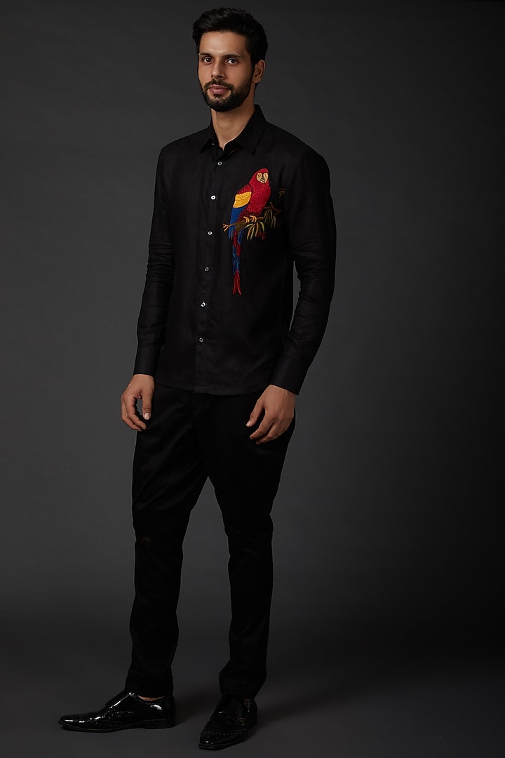 Black Embroidered Linen Shirt by Rohit Bal Men