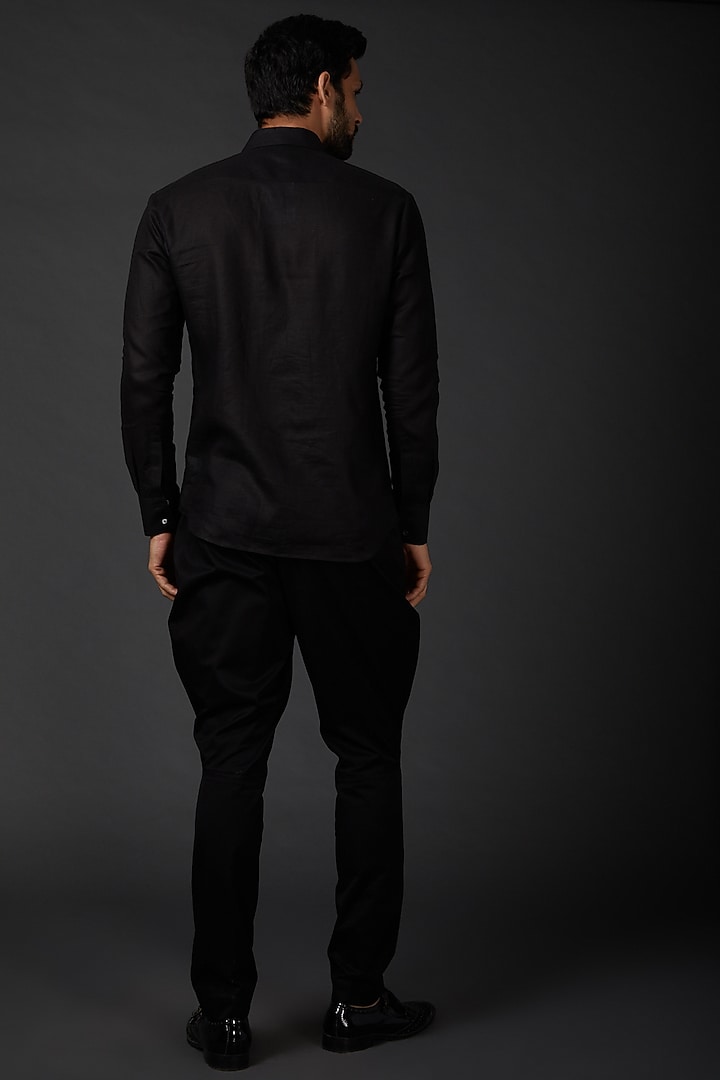 Black Linen Embroidered Party Wear Shirt by Rohit Bal Men at Pernia's Pop Up Shop
