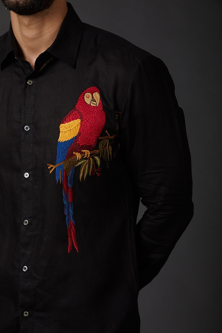 Black Linen Embroidered Party Wear Shirt by Rohit Bal Men at Pernia's Pop Up Shop