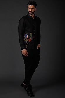 Black Embroidereed Linen Shirt by Rohit Bal Men-POPULAR PRODUCTS AT STORE