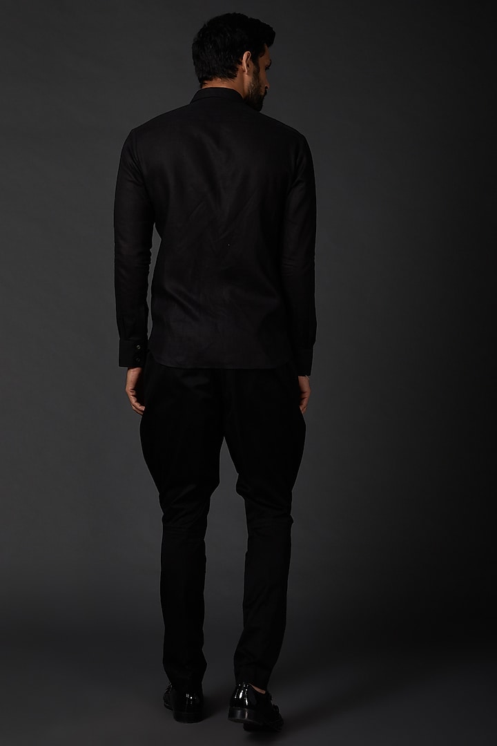 Black Linen Embroidered Party Wear Shirt by Rohit Bal Men at Pernia's Pop Up Shop
