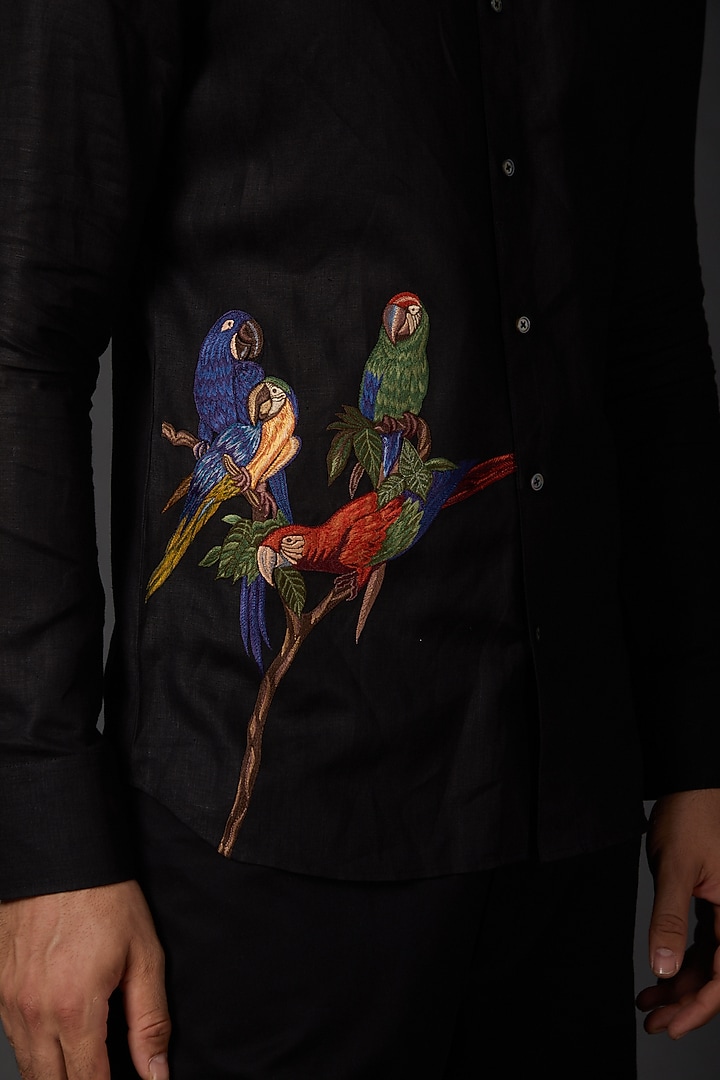 Black Linen Embroidered Party Wear Shirt by Rohit Bal Men at Pernia's Pop Up Shop